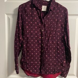 American Eagle Vintage Boyfriend Burgundy Button-Up Shirt with Pink Pattern